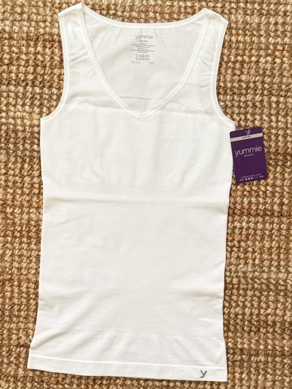 Yummie V-Neck Compression Tank, White, Size Small
